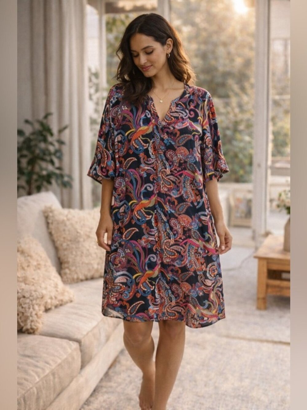 Natori Vibrant Paisley Button-Up Tunic Multicolor Dress Size M Boho Resort Chic